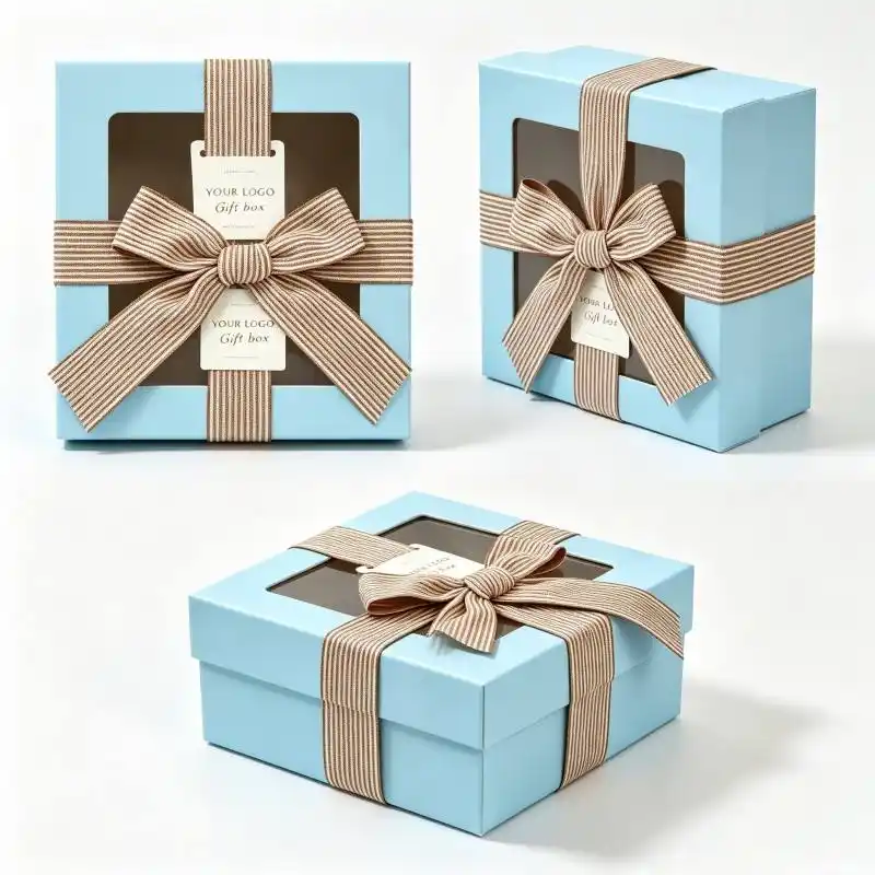 Custom Window Blue Square Paper Packaging Boxes with Ribbon