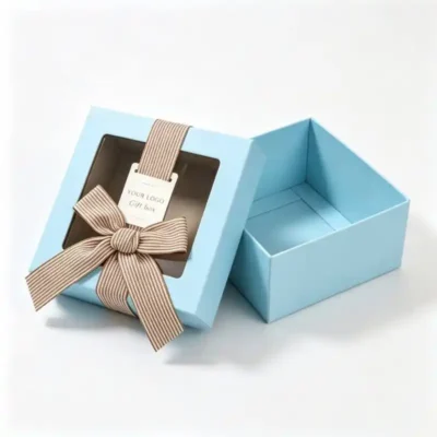 Custom Window Blue Square Paper Packaging Boxes with Ribbon