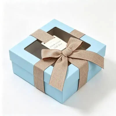 Custom Window Blue Square Paper Packaging Boxes with Ribbon