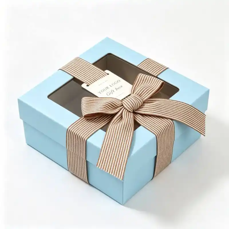 Custom Window Blue Square Paper Packaging Boxes with Ribbon