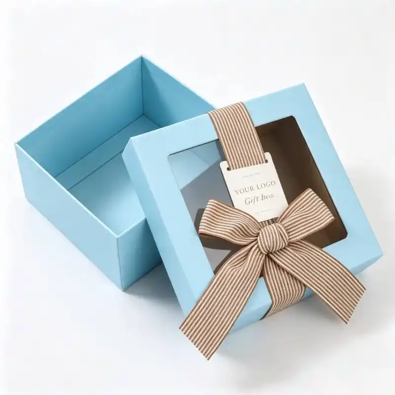 Custom Window Blue Square Paper Packaging Boxes with Ribbon