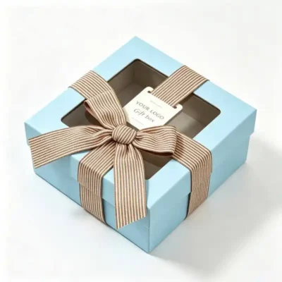 Custom Window Blue Square Paper Packaging Boxes with Ribbon